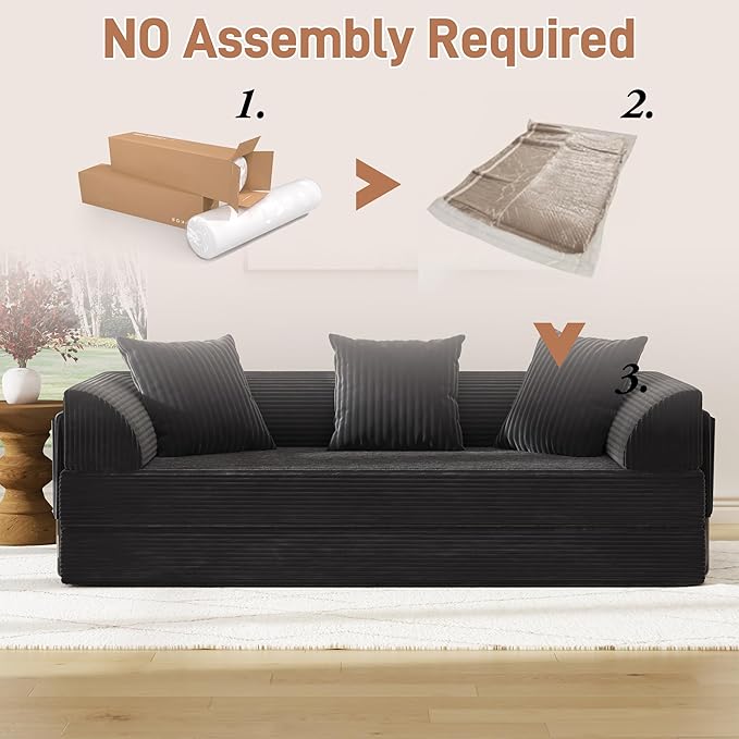 Folding Convertible Sofa Bed with 3 Pillows, 79 " Corduroy Boneless Couch with Armrest Pockets, Lounge Loveseat Sleeper with Pull Out Bed, Memory Foam Compressed Sofa for Living Room Bedroom, Black