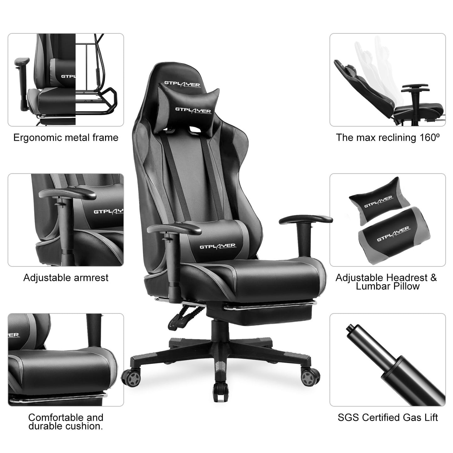 GTPLAYER Gaming Chair with Footrest, Ergonomic Computer Game Desk Chair, Reclining Gamer Chair Seat Height Adjustment, Swivel Rocker with Headrest and Lumbar (Gray)