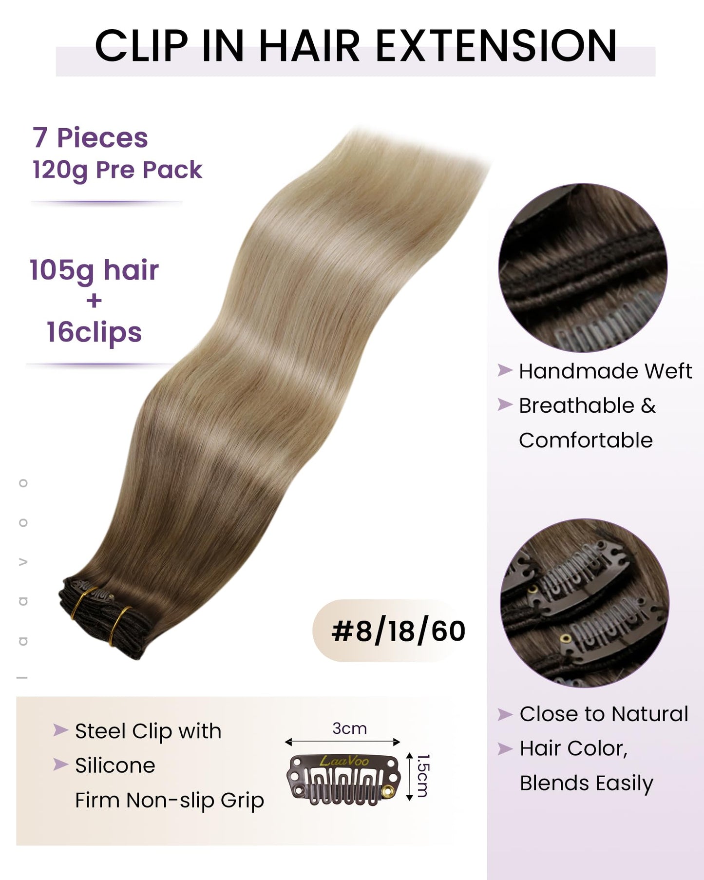 LaaVoo Ombre Clip in Hair Extensions Real Human Hair Light Brown to Ash Blonde with Platinum Blonde Balayage Human Hair Clip in