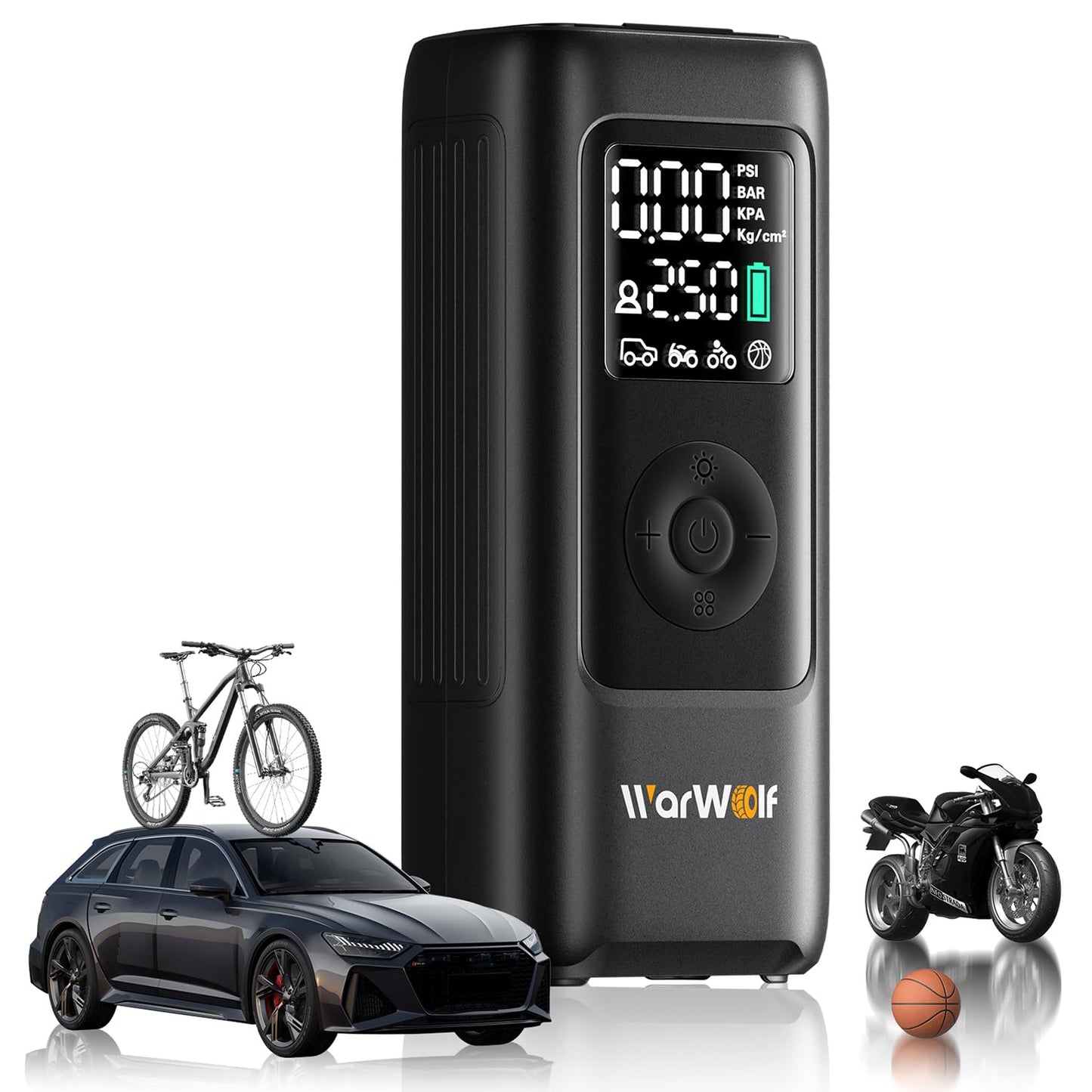 WARWOLF 160PSI Tire Inflator Portable Air Compressor - Bike Air Pump for Car Tires: SUV, Light Truck, Motorcycle, Bike, with Auto Shut-Off, Digital Gauge, 12V Car Adapter, LED Light