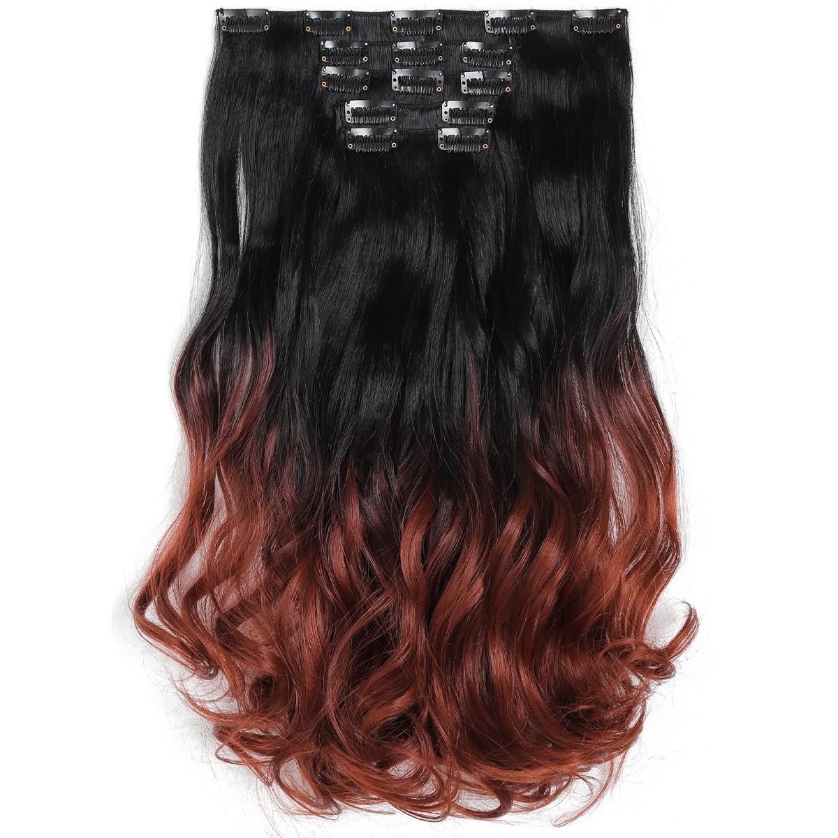 HSPJHTM Hair Extensions Wavy Auburn to Black Clip in Hair Extension for Women Halloween 5 PCS 18 Synthetic Wave Natural Thick Ha
