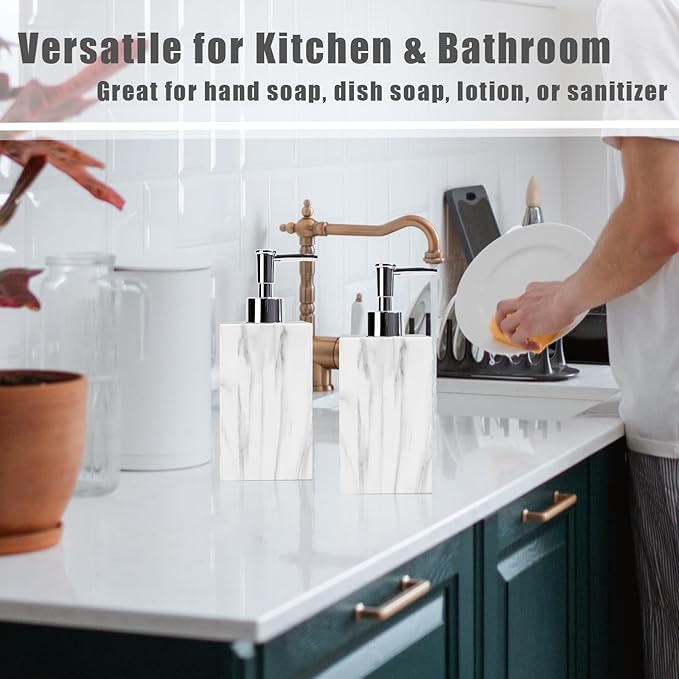 2-Pack Marble Look Resin Soap Dispensers, 16.9 oz Refillable Lotion Pump Bottles for Bathroom, Kitchen, Vanity, Office Sink Countertops – Durable, Moisture-Resistant Home Décor (White)