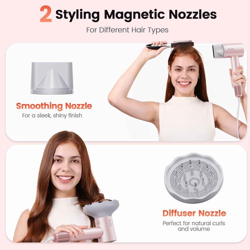 Hair Dryer, 160,000 RPM High-Speed Ionic Blow Dryer for Fast Drying, Professional Lightweight Hairdryer with Diffuser, Magnetic Nozzle, 4 Temps & 2 Speeds, Low Noise for Travel & Home - Pink