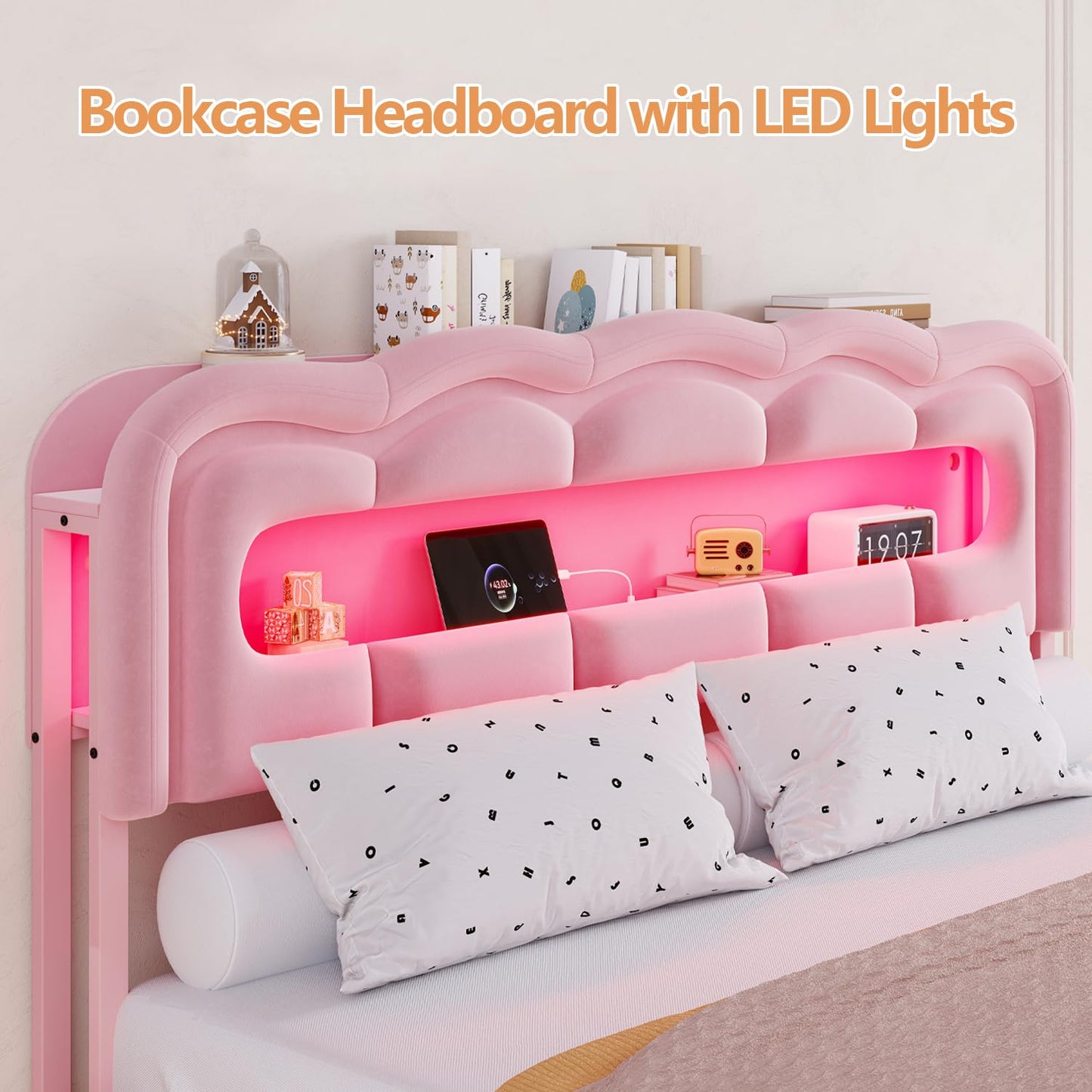 ROCHECASA Full Size Bed Frame with Storage and LED Lights Charging Station, Velvet Upholstered Bed with Drawer, No Box Spring Needed, Easy Assemble, Pink