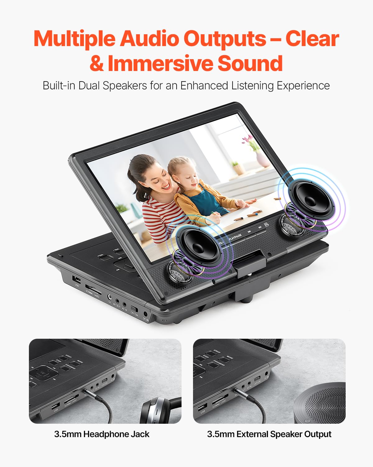 Vevor Portable Dvd Player, 9 Inch Hd Swivel Display Screen, 4 Hours Built-In Rechargeable Battery, Dual Speakers, Support Sync T