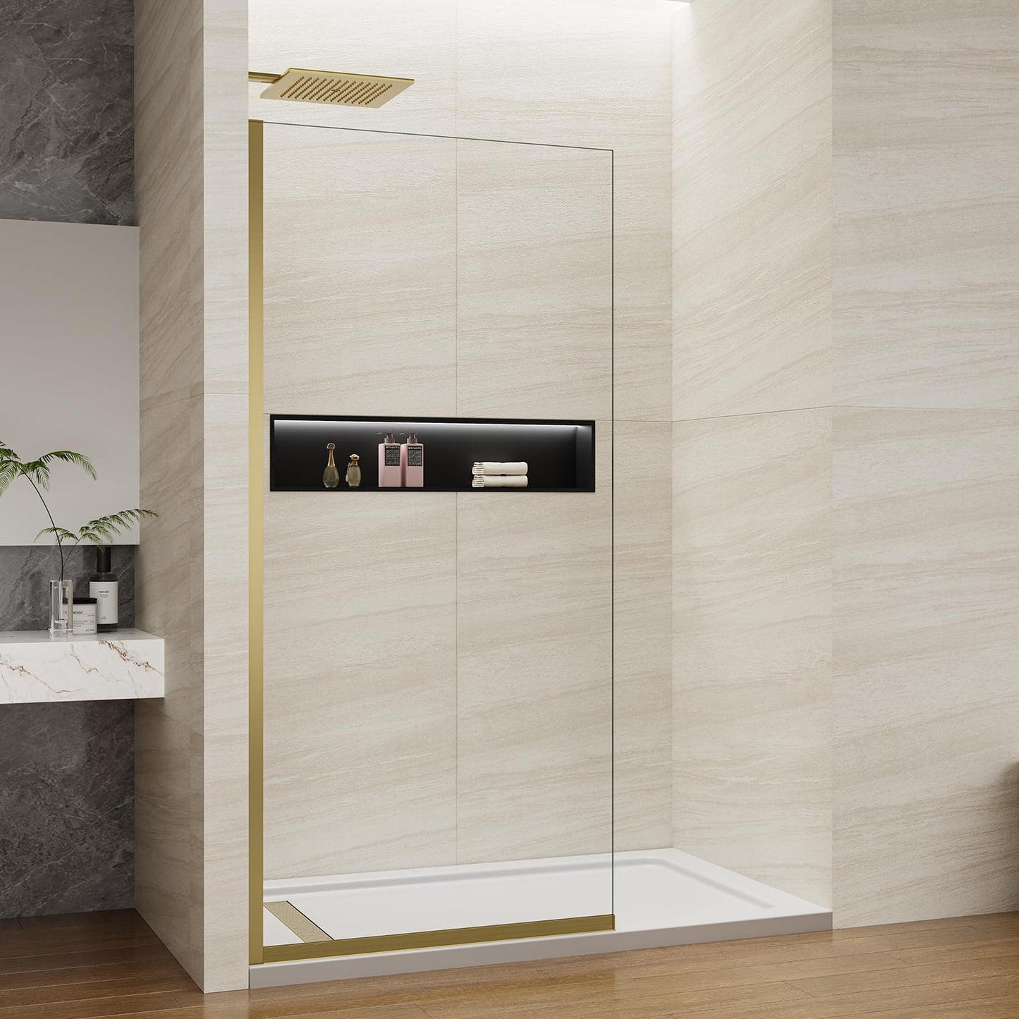 Viivppai Shower Screen 36" x 76" Half Frameless Shower Wall Panel, Tempered Glass 3/8 inch, Easy to clean Coating, Fixed Glass Shower Door with Hardware (Brushed Gold)