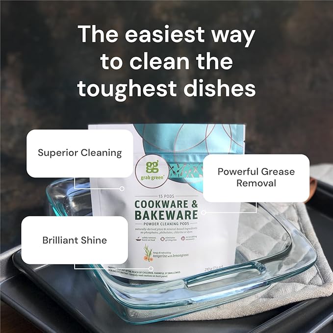 Grab Green Cookware and Bakeware Cleaner Pods,15 Pods, Tangerine Lemongrass Scent, Plant and Mineral Based, Removes Burnt-On Food, Eliminates Stains