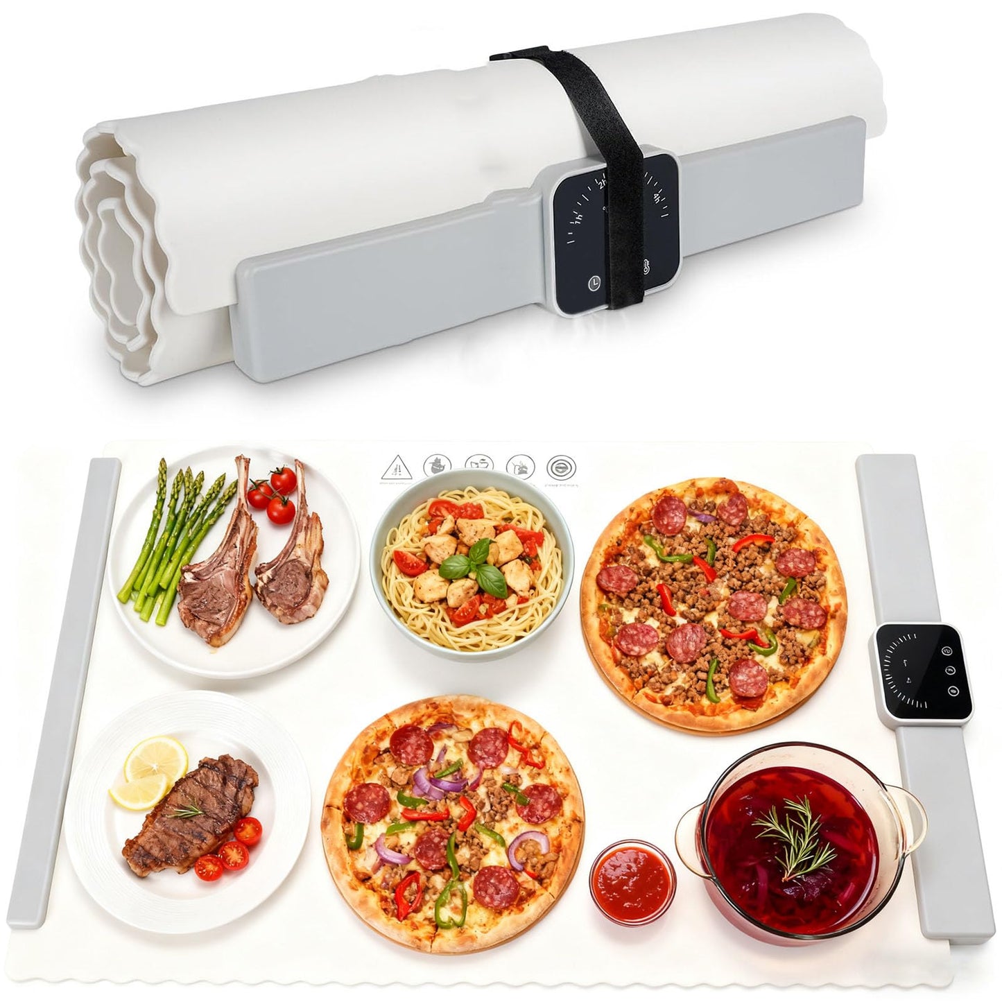 Food Warming Mat - Fast Heating Silicone Electric Warming Tray, Adjustable Silicone Heating Pad with 3 Temperature Settings 4 Timer Function Portable Roll Up Hot Plate