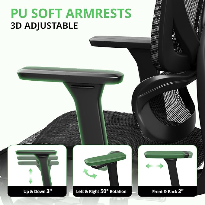 Synorla Ergonomic Office Chair with Footrest, Mesh Desk Chair with 135° Recline, Adjustable Lumbar Support, 3D Armrests and Headrest, Swivel Computer Chair for Home Office