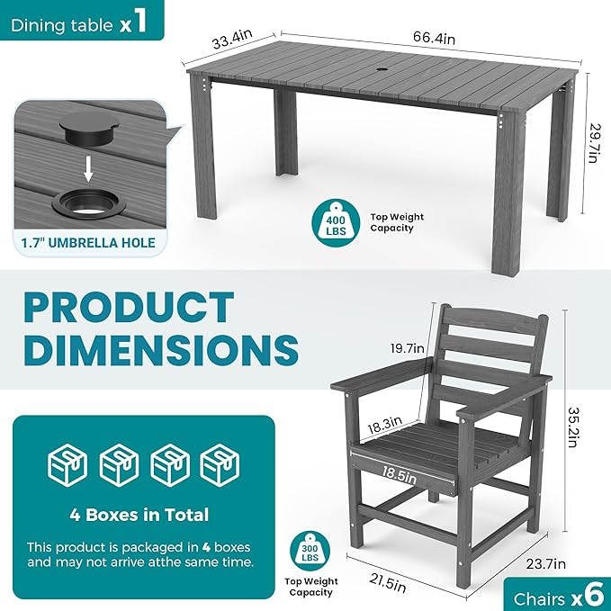 PamapicLife Outdoor HDPE Dining Table Set, 7-Piece Outdoor Dining Table Sets, Wood Grain Patio Furniture Sets with Umbrella Hole for Porch, Backyard, Gray