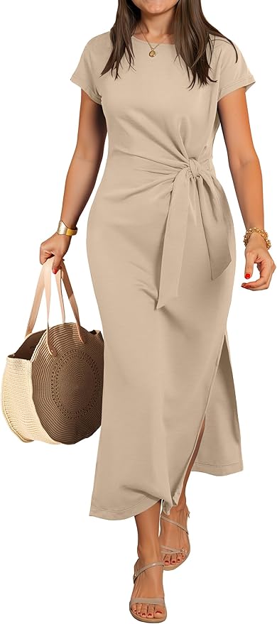 ANRABESS Womens Summer Maxi Dress Casual Crew Neck Tie Waist Split Wrinkle-Free Fit Long Fashion Vacation Dresses 2026 Spring