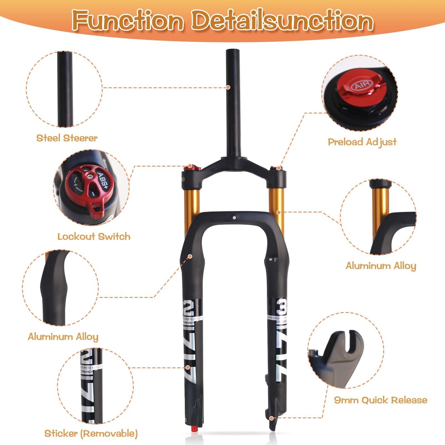 ZTZ 26 * 4.0 inch Fat Tire MTB Air Suspension Fork - Ultralight Rebound Adjustment Front Fork,120mm Travel, 135mm Spacing Hub，9mm QR，Crown Lockout， Ideal for Snow Beach XC Mountain Bikes