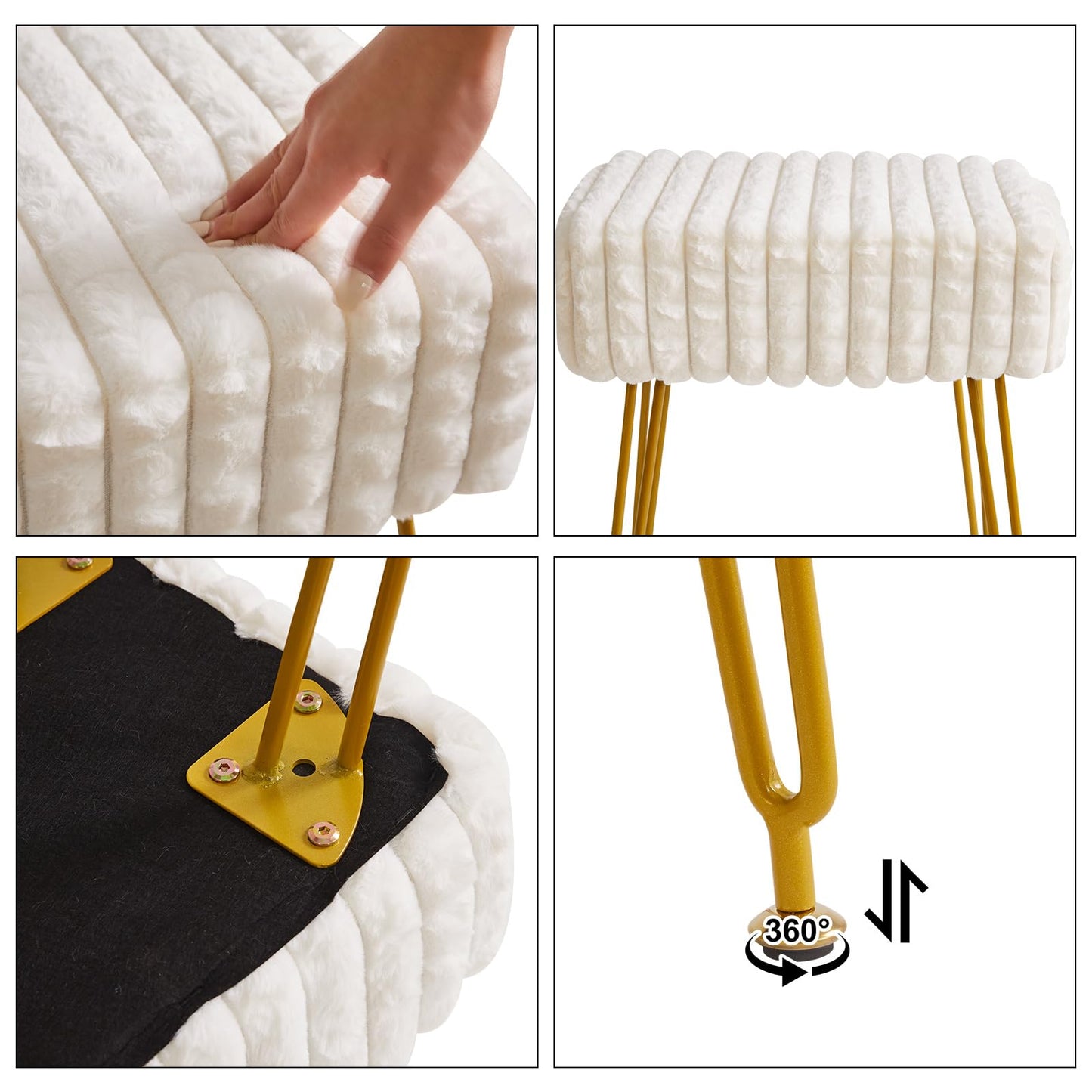 IBUYKE Rectangular Footrest Stool Ottoman, Makeup Vanity Stool Side Table, Velvet Dressing Table Seat, Footstool Chair, Golden Steel Legs, for Makeup Room, Bedroom, Square Grid Pattern, White WBD003W