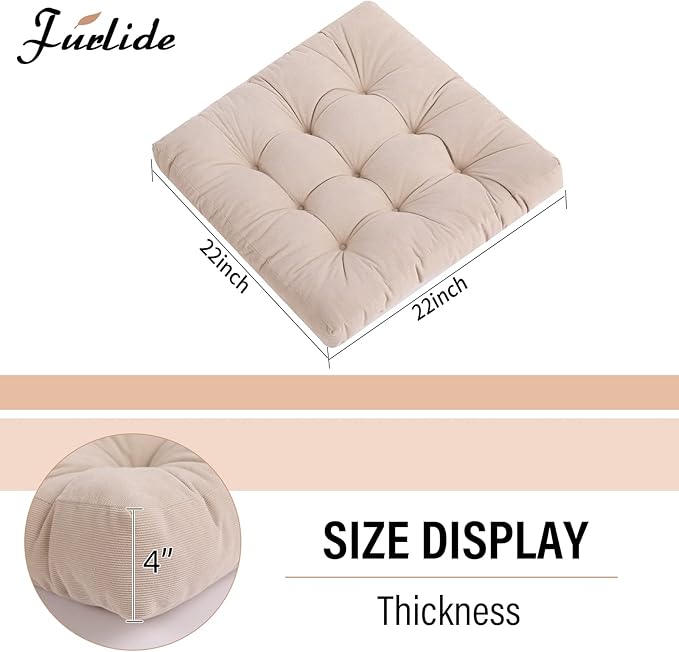 Tiita Indoor/Outdoor Chair Cushions 22" x 22" Seat Pillow Cushion Set of 2 Square Chair Pads for Sitting Patio Garden Floor Throw Pillows, Beige