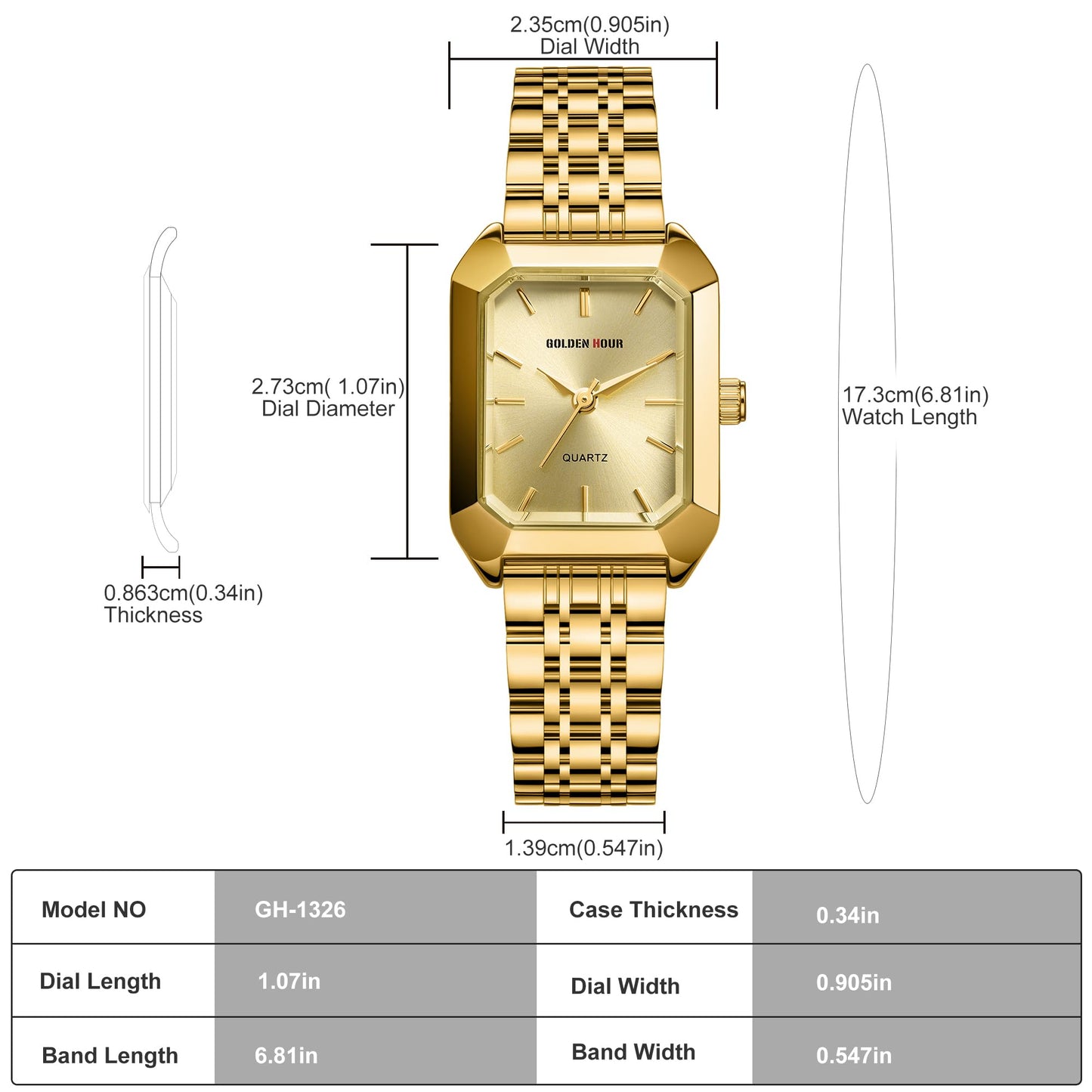 GOLDEN HOUR Women's Rectangular Quartz Watch, Gold Tone Stainless Steel Band, Gold Dial