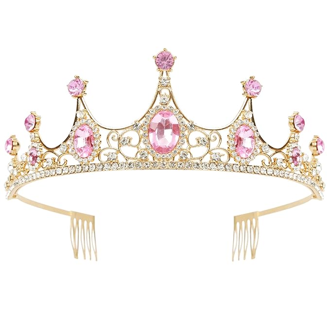 WOVOWOVO Pink Tiaras for Women, Princess Crown Headband with Combs for Women, Elegant Rhinestone Pink Hair Accessories for...