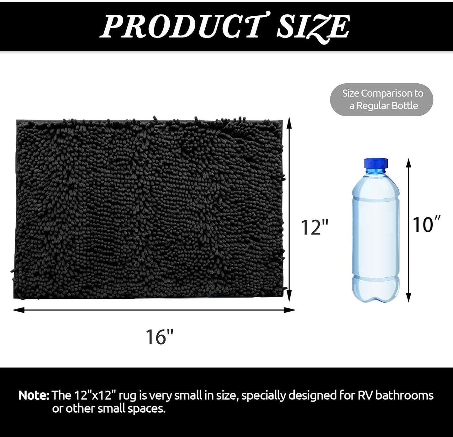 Non-Slip Bath Rug,Extra Soft Microfiber Bedroom Shag Carpet with Anti-Slip Backing,Water/Dust Absorbent Fast Dry Shower Mat,Sound Insulated Stairs Pad,Machine Washable (Black,12 x 16 Inches)