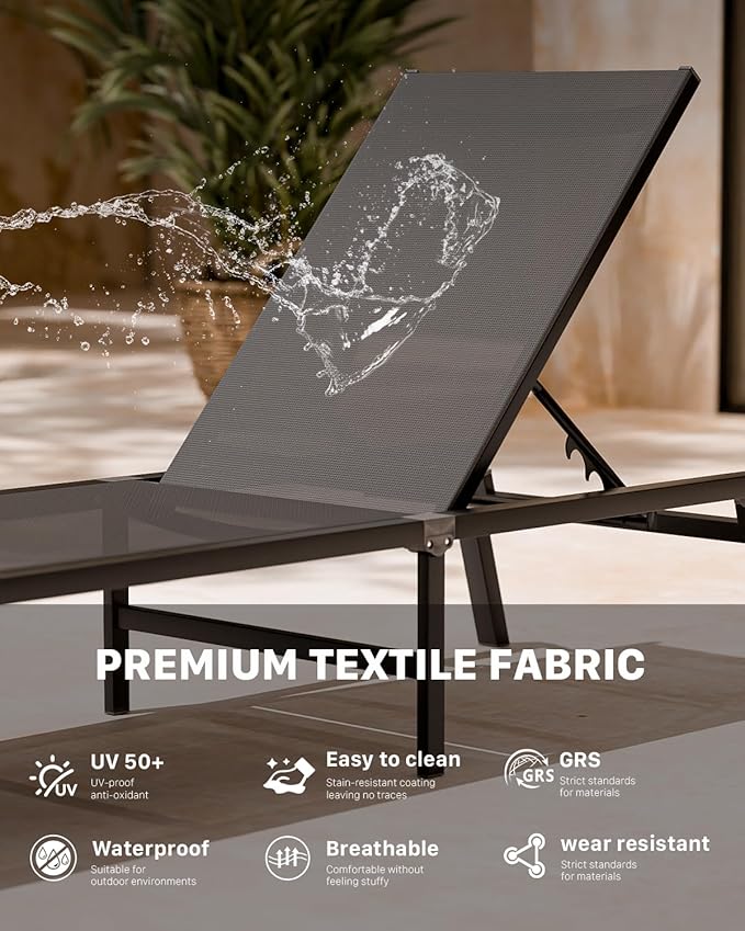 WOAJNQO Aluminum Patio Chaise Lounge Chair Set of 2 with Side Table,5-Position Adjustable Backrest,Foldable Lounge Chair Outdoor,Pool Lounge Chairs for Poolside,Lawn,Deck,Beach (Grey, 2 Pack+Table)