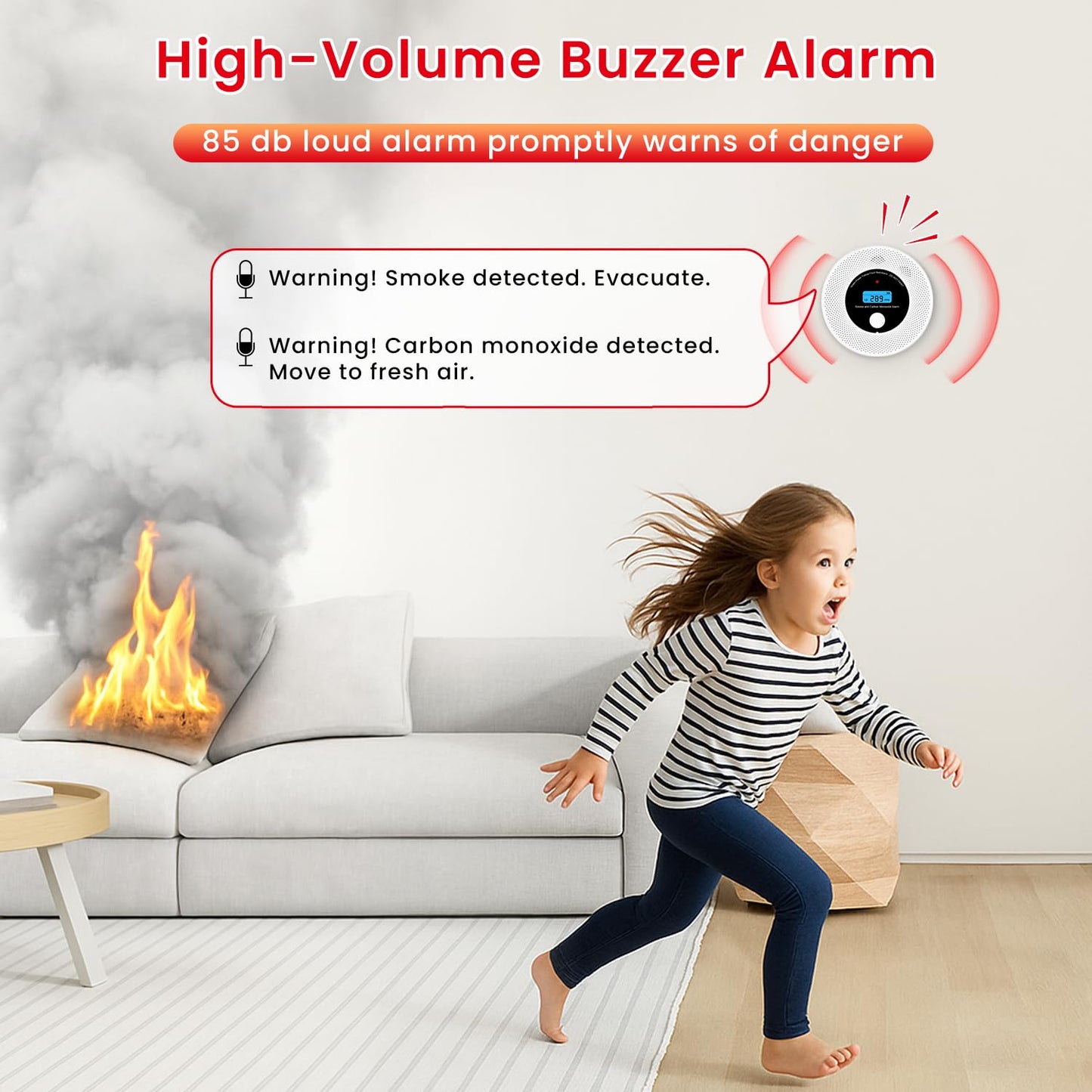 Alertlink 2-in-1 Smoke and Carbon Monoxide Detector Alarm, with Voice Alert,10-Year Battery Fire & CO Alarm with Large LCD Display, Easy Install with Adhesive or Screws