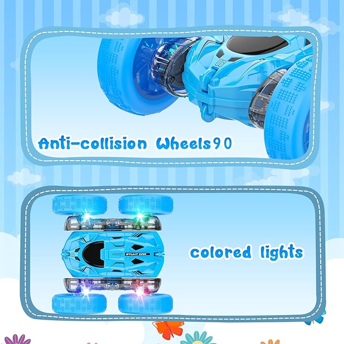 Remote Control Car for Boys Blue Double-Sided 360°Flip RC Cars, Colorful Lights, Multi-Terrain Driving and Rechargeable Battery RC Car,Toys for Ages 2-4,Suitable for Girls Boys Ages 4-12 Toys Gifts