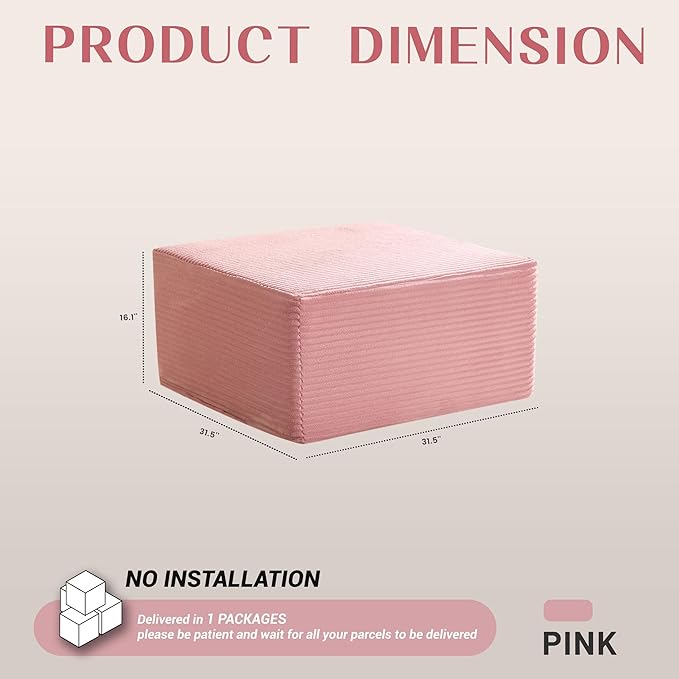 Afuson Cozy Square Ottoman, Comfortable Seating, No Assembly Required, Pink