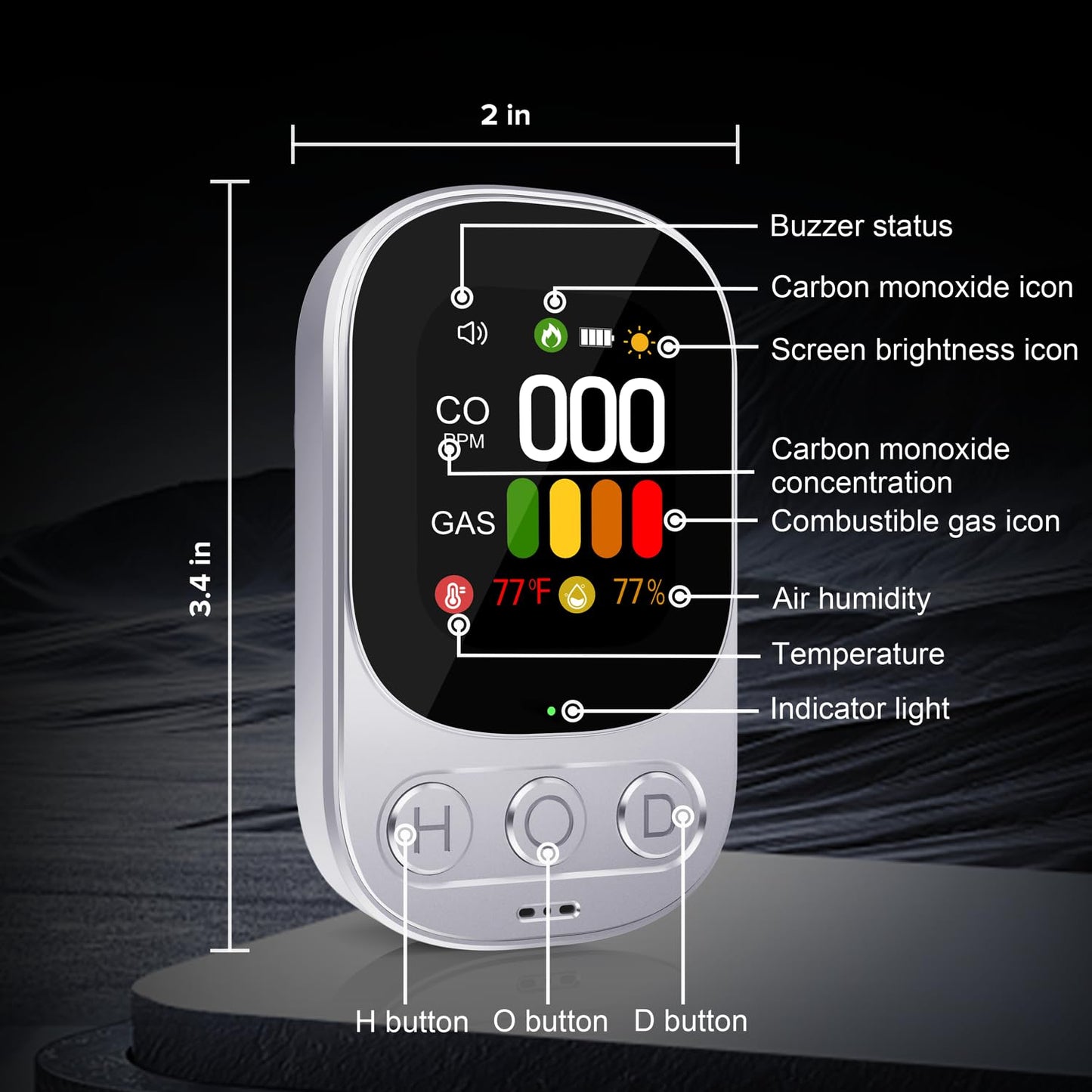4 in1 Plug in Carbon Monoxide Detectors & Natural Gas Combination Built-in Backup Battery & 2.1'' HD Screen [CO Gas Temp Humidity] Propane Methane Combustible Gas Alarm (White)