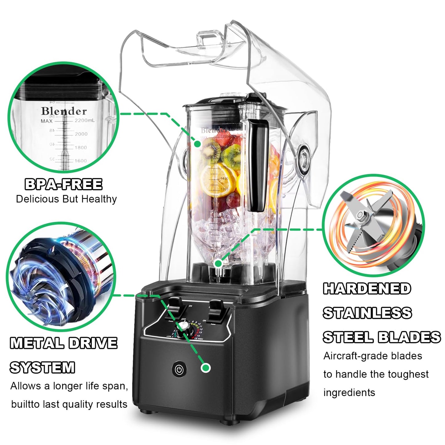 Commercial Blender for Smoothies, 2.5HP Motor, Stainless Steel Blade, 80oz Pitcher for Shakes, Smoothies, Ice Crushing, Frozen Drinks, 15 Speeds, Self-Cleaning, Grey