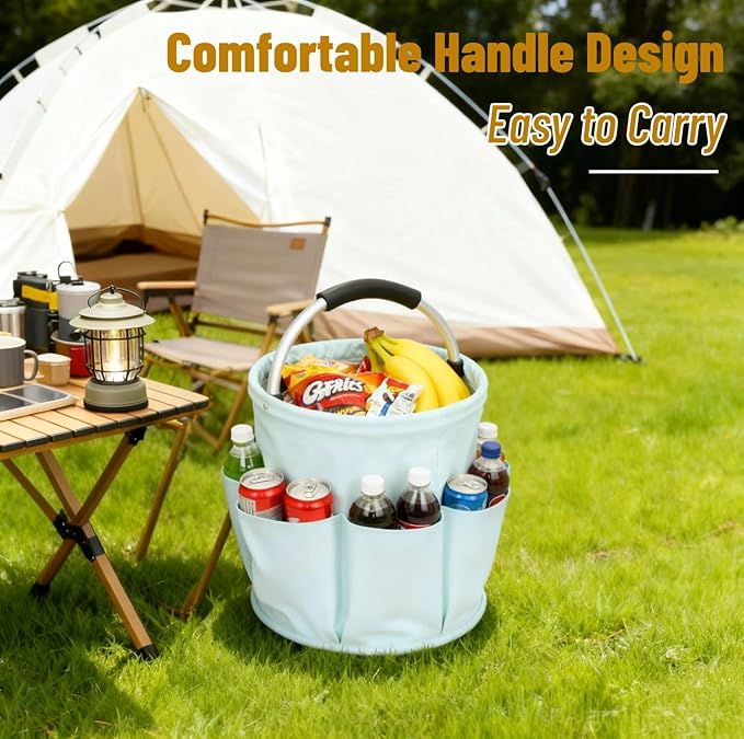 17L Foldable Storage Basket with 6 Side Pockets Cleaning Caddy with Handle Folding Storage Bin for Home Bathroom Camping Gardening (Light Blue)