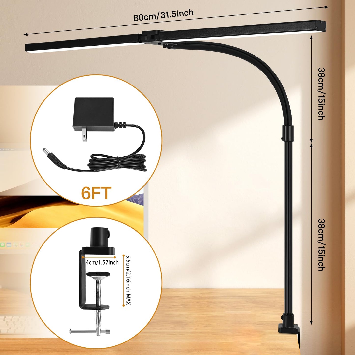 MACASA Double Head LED Desk Lamp with Remote Control for Home Office 24W Brightest Computer Desk Light for Workbench Drafting Architect Study Reading with Anti-Glare Cover