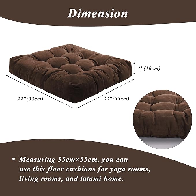 FlyGulls Meditation Floor Pillow 22×22 Inch 1 Pack Large Floor Cushions for Adults Square Tufted Corduroy Floor Pillows for Yoga Living Tatami Room Coffee