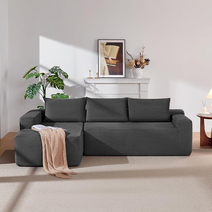 Vanress 97" Cloud Couch Sectional, Corduroy Boneless Couch with L-Shape Chaise,Modern Modular Sectional Sofa Comfy Deep Seat for Living Room, Bedroom, No Assembly (Dark Grey, Left Facing Chaise)