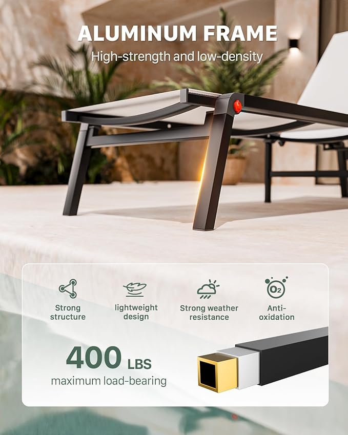 WOAJNQO Aluminum Patio Chaise Lounge Chair Set of 2 with Side Table,5-Position Adjustable Backrest,Foldable Lounge Chair Outdoor,Pool Lounge Chairs for Poolside,Lawn,Deck,Beach (White, 2 Pack+Table)