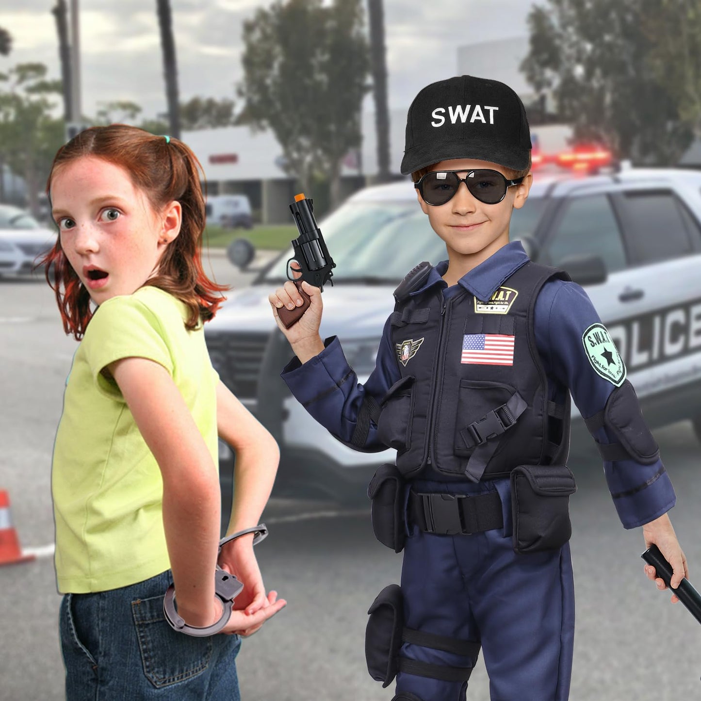 Latocos 15 PCS SWAT Police Officer Costume for Kids with Vest Accessories Cop Dress Up Role Play Set for Halloween Cosplay