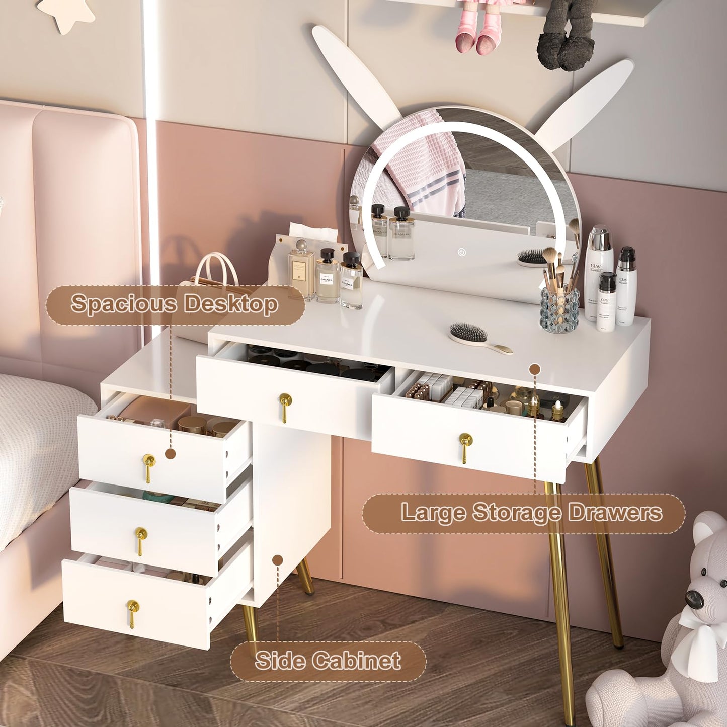 MUSSTUFIC Vanity Desk with Mirror and Lights,Makeup Table with 5 Drawers and Led Lighted Mirror in 3 Colors for Bedroom,Dressing Table(White)