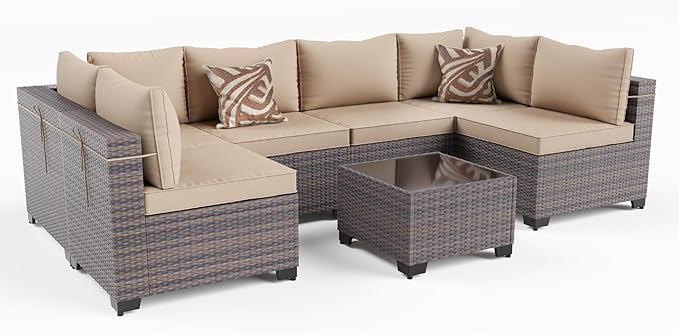 Kullavik 7 Pieces Outdoor Patio Furniture Set,Wicker Outdoor Sectional Sofa,All-Weather Patio Conversation Sets with Washable Thick Cushions & Coffee Table for Garden,Backyard,Balcony,Porch,Sand