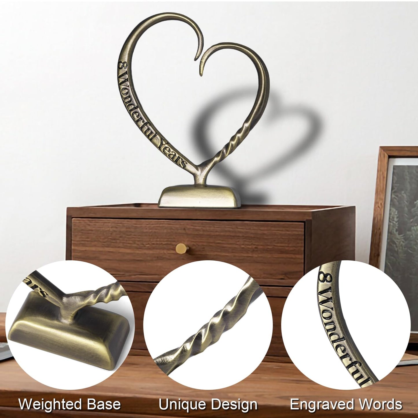 BESZONE 8 Year Anniversary Bronze Gifts for Her Him Gift 7th Wedding Anniversary for Couples Wife Husband Men, Hand Forged Bronze Heart Art Keepsake Home Decor Artwork