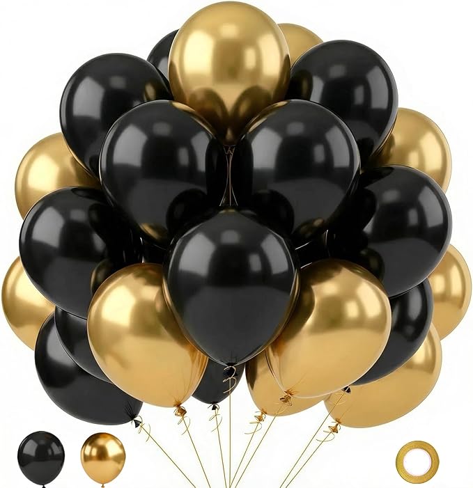 Black and Gold Balloons, 70pcs 12inch Metallic Gold and Black Balloons for Graduation Anniversary Birthday Party Decoration