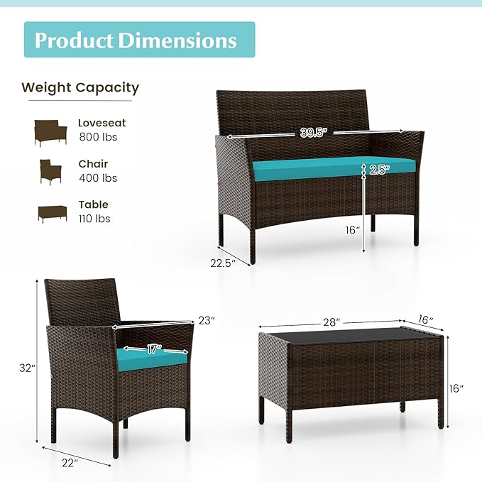 KOTEK 4 Piece Patio Furniture Set, Outdoor Rattan Conversation Set with Loveseat, Wicker Chairs, Tempered Glass Coffee Table, Wicker Patio Set for Backyard, Porch (Turquoise)