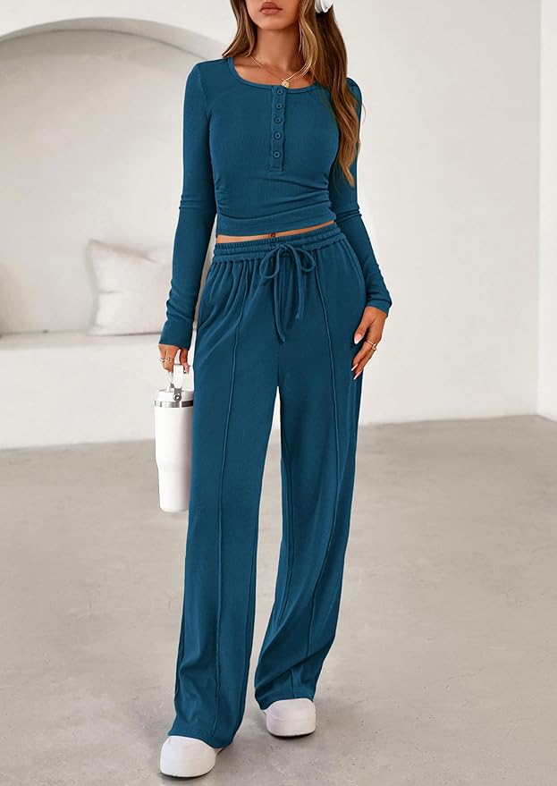 PRETTYGARDEN Women's 2026 Fall Trendy 2 Piece Outfits Lounge Sets Long Sleeve Top Henley Shirts Wide Leg Pants Travel Clothes