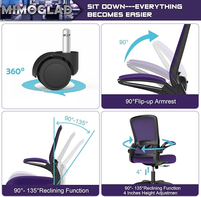 Mimoglad Office Chair, Ergonomic Desk Chair with Adjustable Lumbar Support, High Back Mesh Computer Chair with Flip-up Armrests-BIFMA Passed Task Chairs, Executive Chair for Home Office