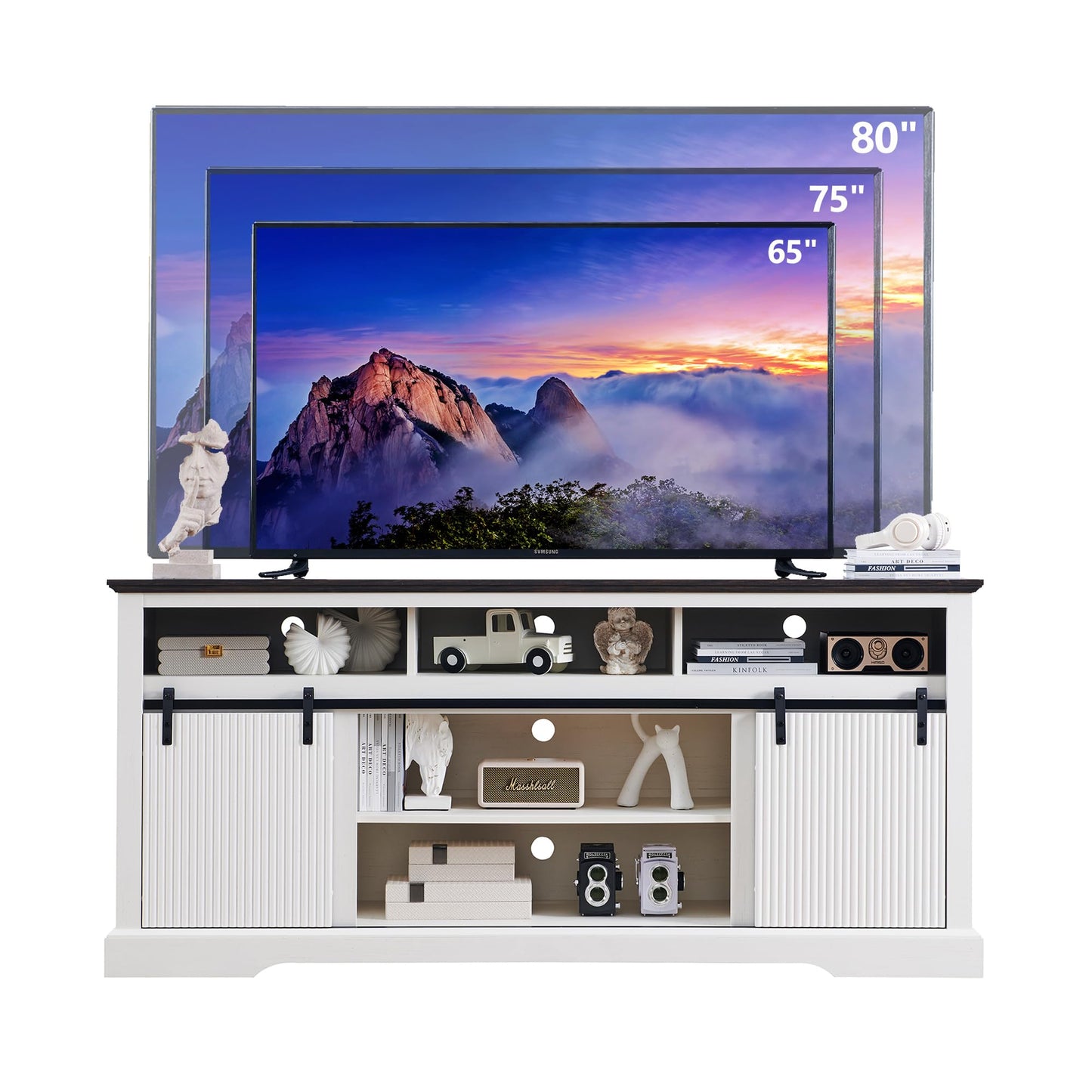 Fluted TV Stand for 80 Inch TVs, 32" Modern Entertainment Center with Waveform Panel Sliding Door, Media Console Cabinet w/Storage, Soundbar & Adjustable Shelf for Living Room, 70 inch (White)