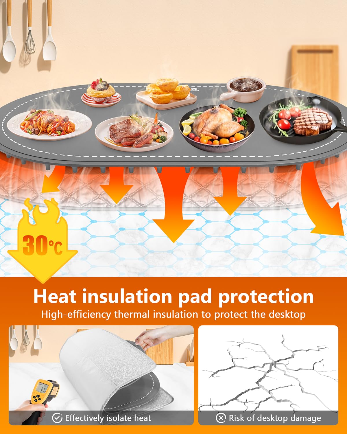 Warming Mat for Food with Heat-Resistant Pad(24"x15"),Food Warming Mats for Countertop,Roll Up Silicone Warmer Mat for Party Buffet,Christmas House Warming Gift for Home Hosting Daily Use(Gray)