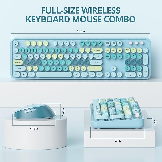 Wireless Keyboard and Mouse Set, Retro Typewriter Keyboard, 2.4GHz Full Size 104-Key Cute Keyboard with Number Pad, Colorful Keyboard with Round Keycaps for Windows PC Laptop(Colorful Blue)