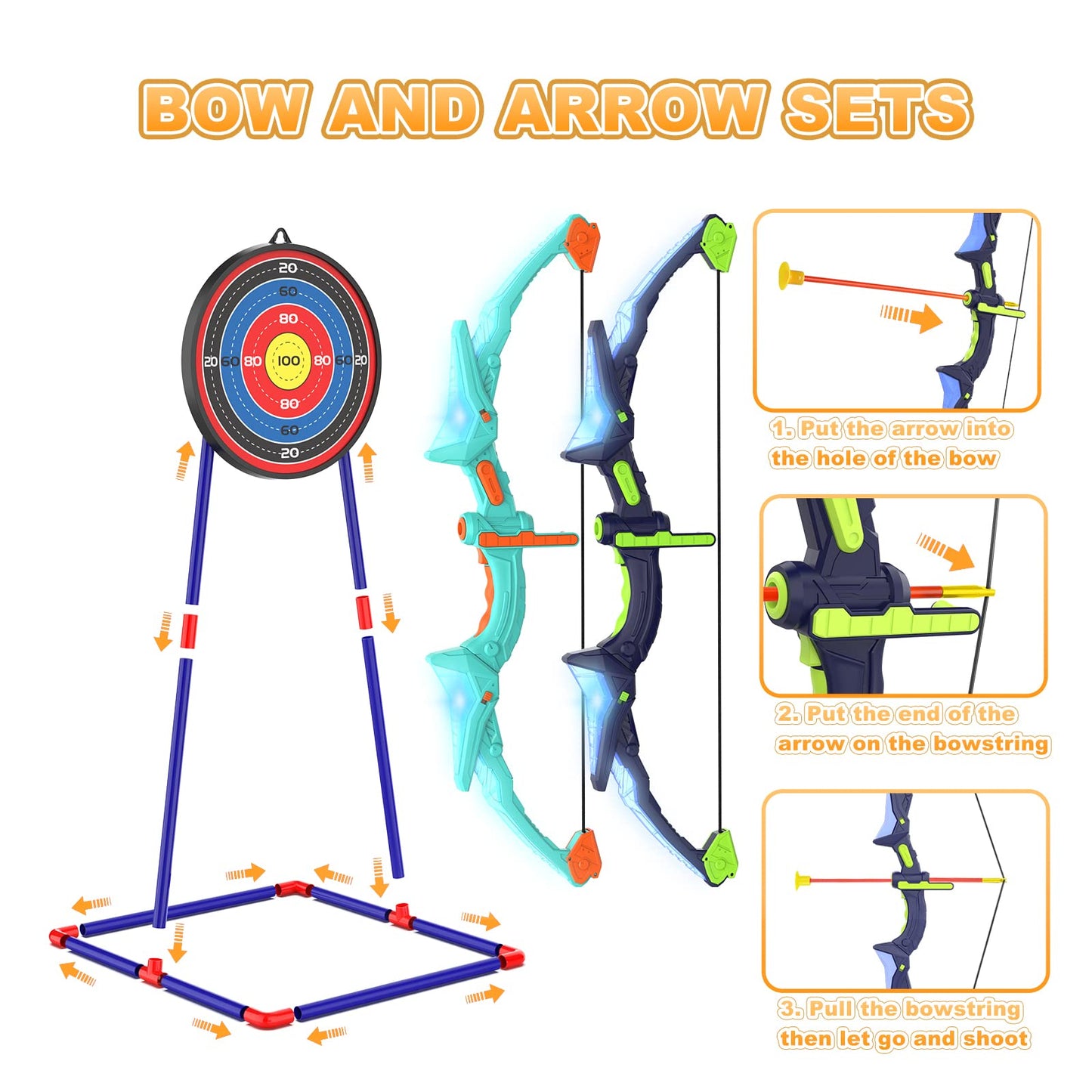 Kmuxilal 2 Pack Kids Bow and Arrow Set with LED Flash Lights, 14 Suction Cup Arrows and Fluorescence Standing Target-Perfect Indoor and Outdoor Game Archery Set Toy Gift for 4 5 6 7 8-12 Year Old Boys