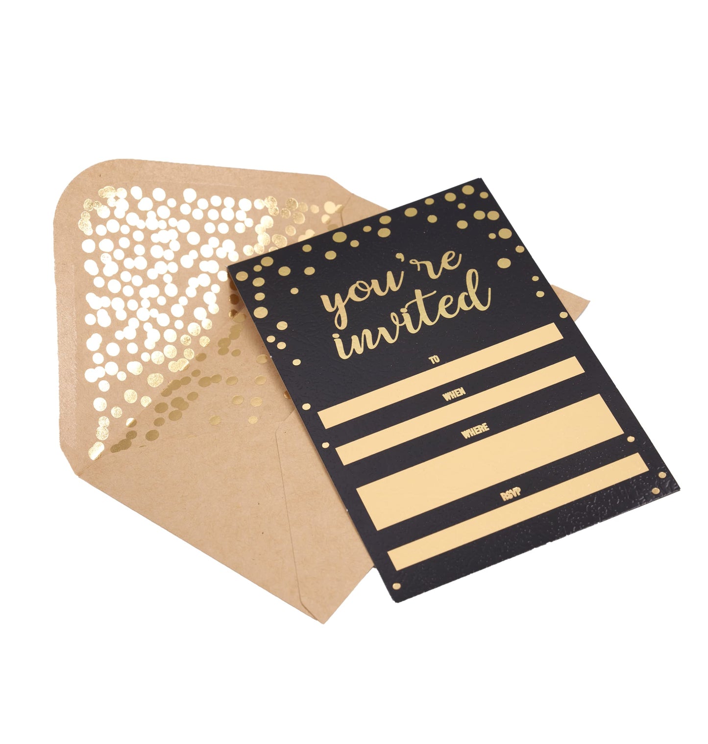 Invitation Cards - 50-Count 4" x 6" Black Invitation Cards ‘’You Are Invited’’ in Gold Foil with 52 Gold Confetti Foil Kraft Envelopes – Invitation Cards For Wedding, Bridal Shower, Baby Shower, Birthday