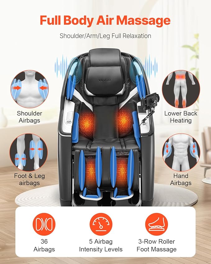 VEVOR 4D+3D Full Body Massage Chair - SL Track, AI Voice Control, Electric Extendable Footrest, Yoga Stretch, TFT Touchscreen, Home Relaxation