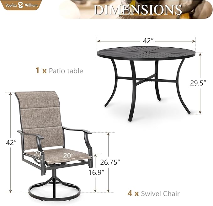 Sophia & William 5 Piece Outdoor Patio Dining Set, Patio Furniture Set with 4 Swivel High Back Patio Dining Chairs and Round Metal Table, All Weather Textilene Fabric for Backyard, Poolside, Balcony