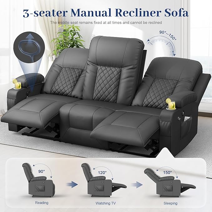 FURNIMAT Oversized Recliner Sofa Set with 2+3 Pieces in Living Room, PU Leather Loveseat Recliner Couch, Modern 3 Seats Dual Reclining Sofa with Cup Holder and 2 Cell Phone Holder, USB Ports, Gray