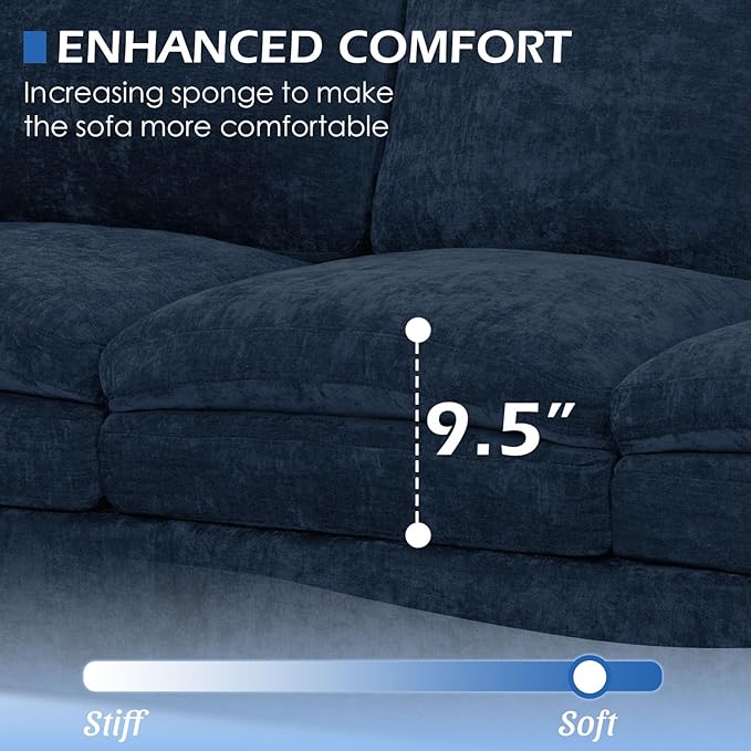 ACMEASE 89” Chenille Sofa w/Arm Pillows, Upholstered 3-Seater Sofa w/Comfortable Back Cushions, Modern 3 Seats Couch w/High-Density Foam for Living Room, Apartment, Office, Blue