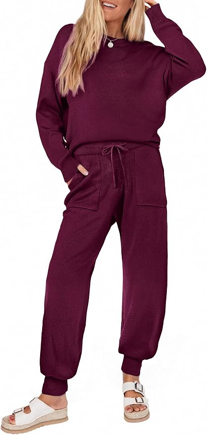 Ekouaer Women's 2 Piece Lounge Set Long Sleeve Knit Pajamas Sweatsuit Jogger Pant Outfits With Pockets S-XXL